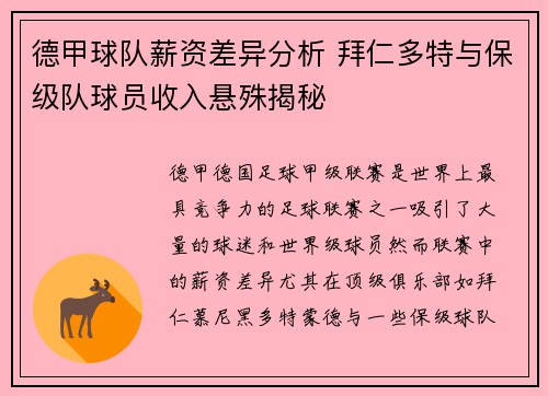 德甲球队薪资差异分析 拜仁多特与保级队球员收入悬殊揭秘