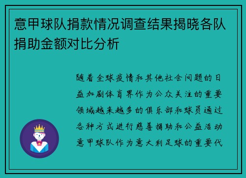 意甲球队捐款情况调查结果揭晓各队捐助金额对比分析