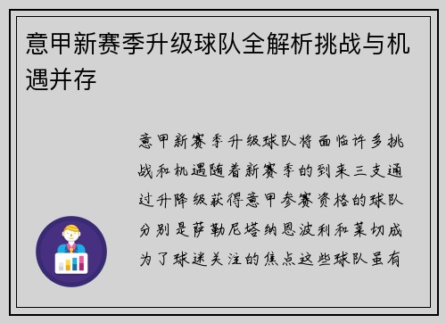 意甲新赛季升级球队全解析挑战与机遇并存